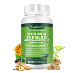 Mulittea Moringa cápsulas 1000 mg en envase de vidrio, opción vegana para bienestar diario.