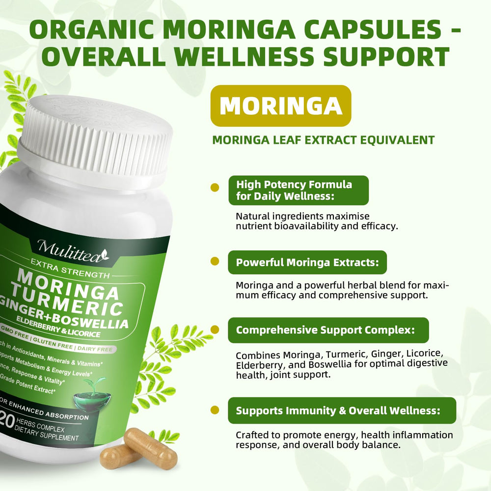 Mulittea Moringa cápsulas 1000 mg: mezcla de ingredientes clave para apoyo diario.