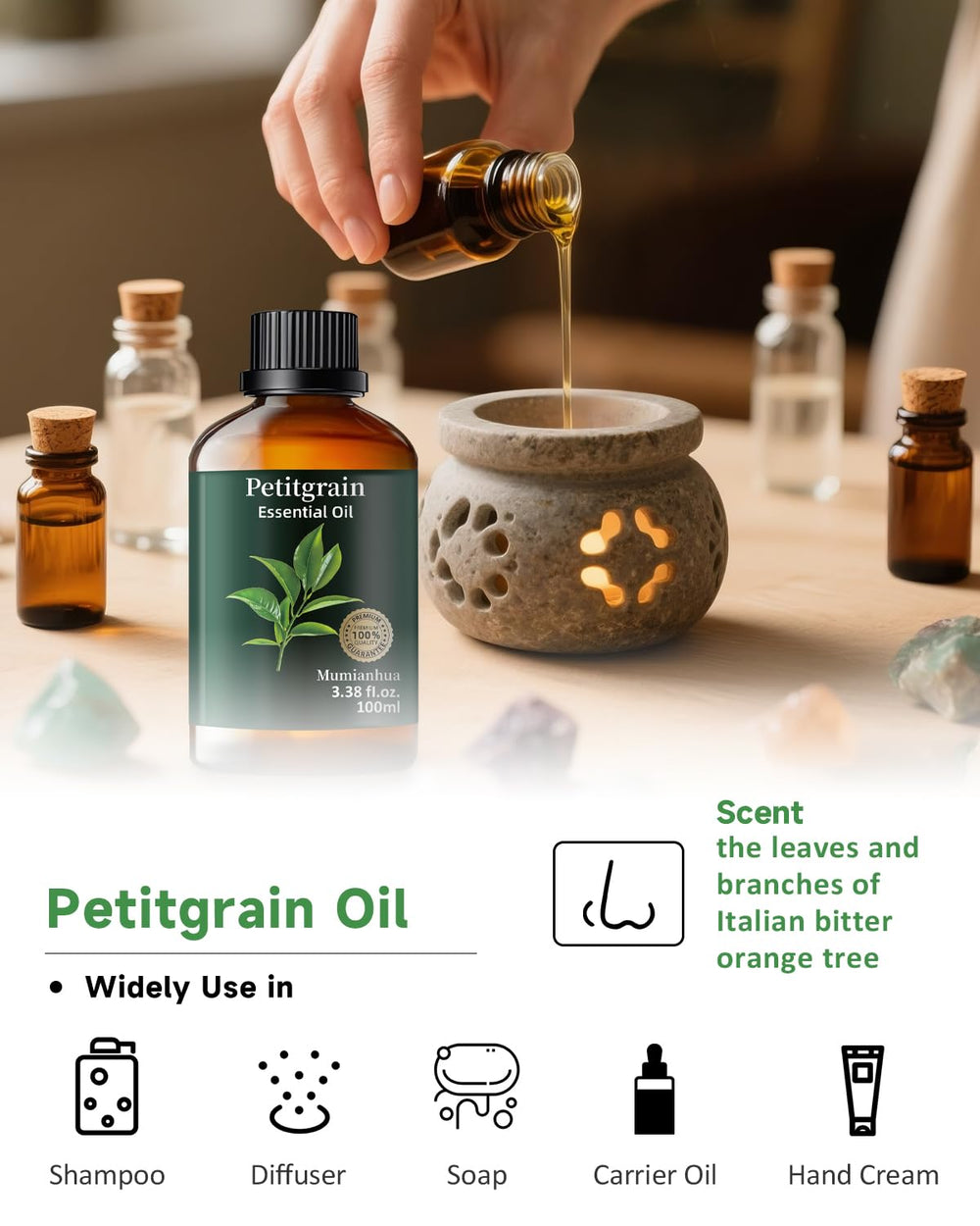 Hair care application of Petitgrain oil to support scalp balance.