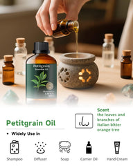 Hair care application of Petitgrain oil to support scalp balance.