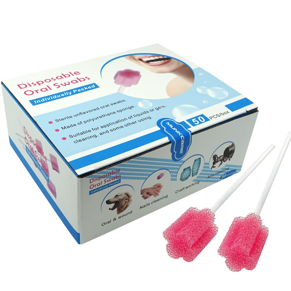 MUNKCARE caja frontal roja mostrando 50 hisopos, ideal para almacenamiento