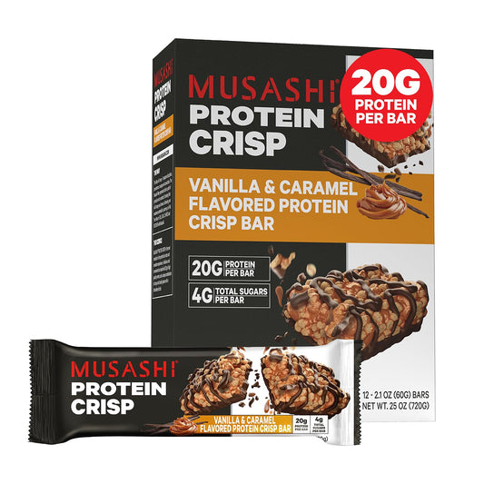 Barra MUSASHI proteína crujiente vainilla y caramelo, snack delicioso para entrenar