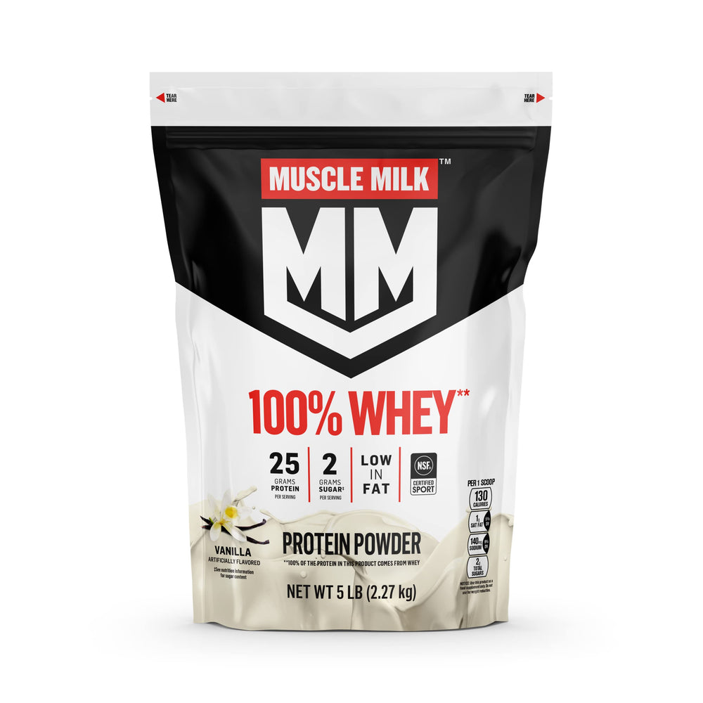 Muscle Milk envase frontal sabor vainilla mostrando tamaño y porciones