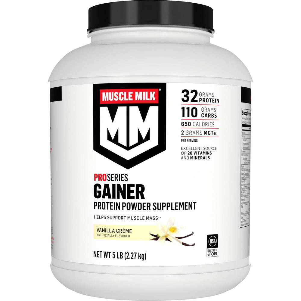 Muscle Milk envase frontal mostrando sabor Vanilla Creme y beneficios de calorías