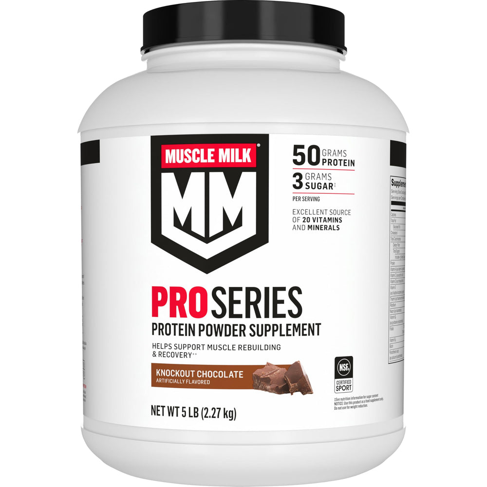 Muscle Milk envase frontal mostrando sabor knockout chocolate y beneficio práctico