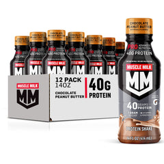 Muscle Milk vista frontal del envase mostrando sabor chocolate cacahuate y beneficios