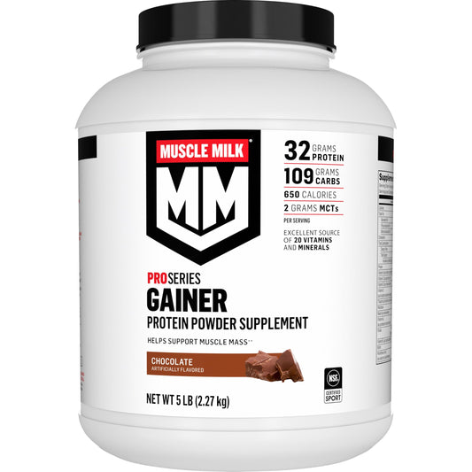 Muscle Milk bote frontal en chocolate mostrando la presentación y beneficios
