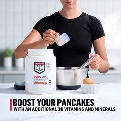 Muscle Milk envase con porciones sobre mesa mostrando información de nutrientes