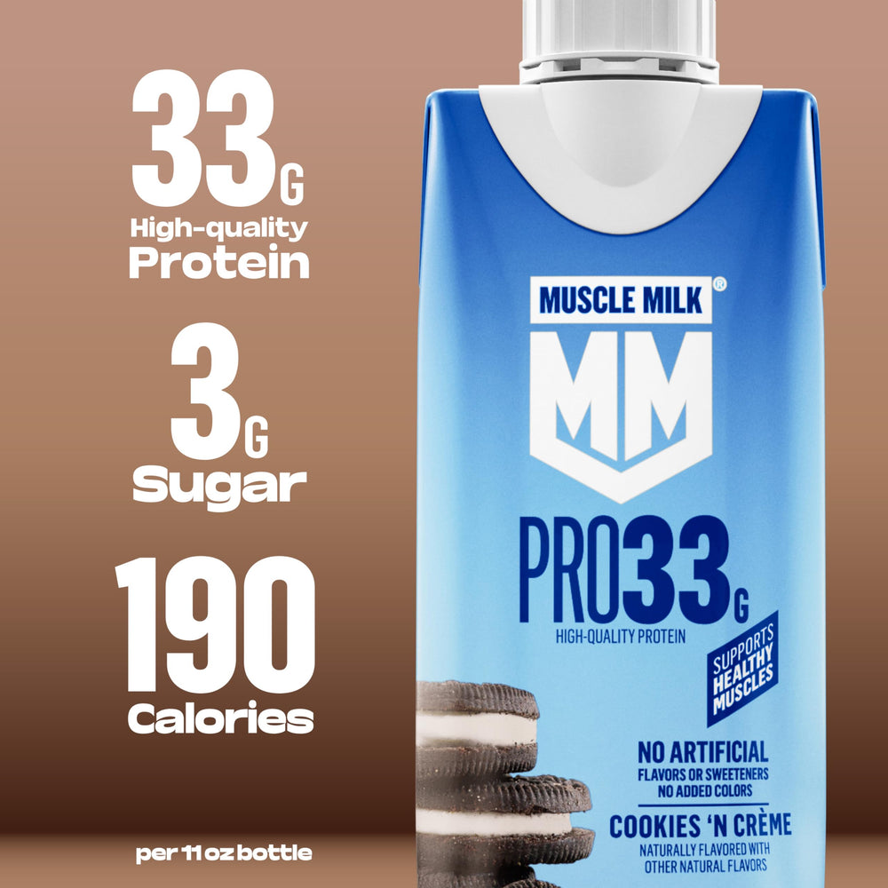 Muscle Milk vertido en vaso mostrando textura cremosa y apetecible