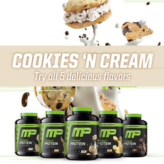 Muscle Pharm envase junto a una pesa, muestra volumen y tamaño real