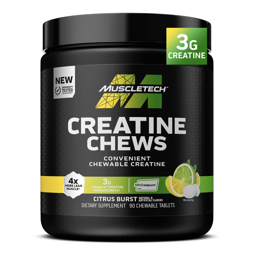 MuscleTech envase frontal mostrando sabor cítrico y 90 tabletas para conveniencia