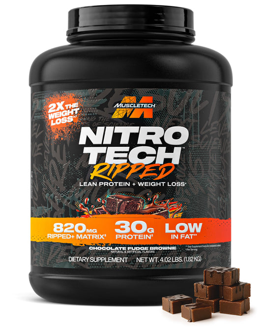 MuscleTech envase Nitro-Tech Ripped frente mostrando sabor y tamaño, conveniencia