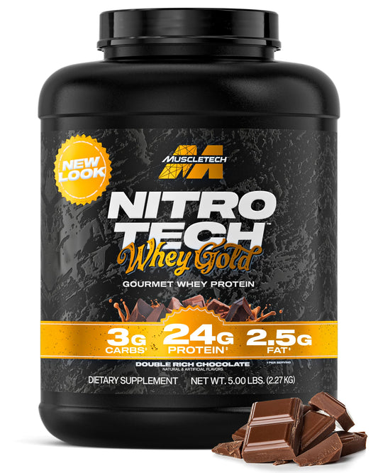 MuscleTech Nitro‑Tech frontal mostrando diseño y beneficio de proteína rápida