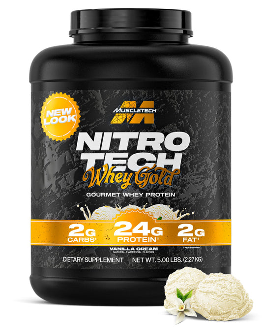 MuscleTech Nitro-Tech Whey Gold frasco frontal mostrando tamaño y sabor