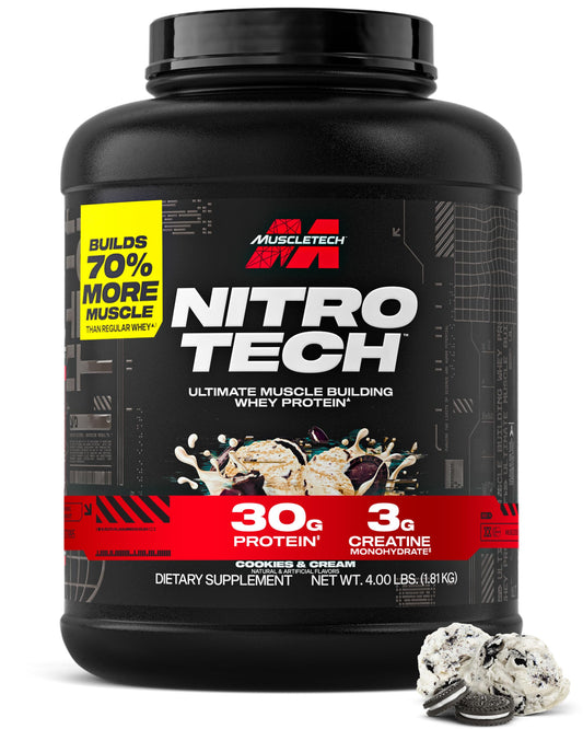 Muscletech bote frontal Nitro-Tech Cookies & Cream mostrando marca y beneficio proteína
