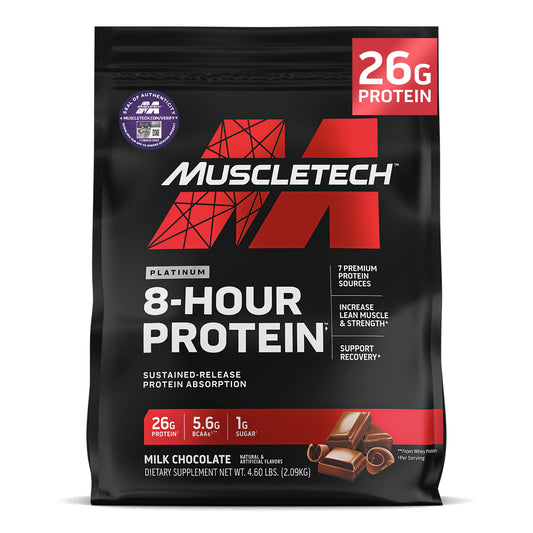 Muscletech envase frontal mostrando 50 porciones y sabor milk chocolate beneficio conveniencia