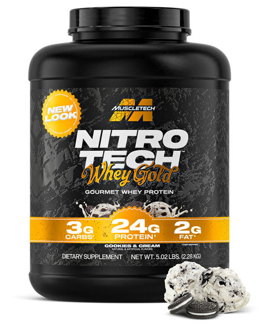 MuscleTech envase frontal Cookies and Cream mostrando etiqueta y beneficio proteico