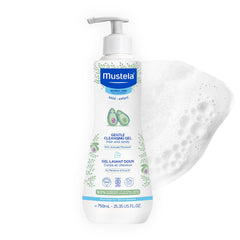 Mustela frente del envase mostrando el gel limpiador y beneficios