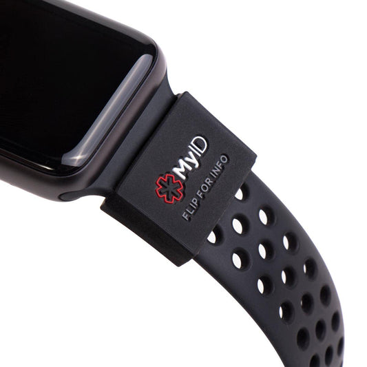 myID funda frontal empaquetada mostrando compatibilidad con relojes y beneficio de identificación inmediata