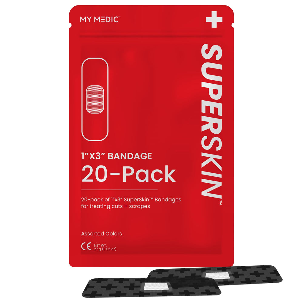 My Medic paquete frontal mostrando 20 apósitos, fácil identificación y almacenamiento