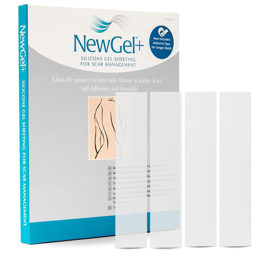 MyNewGel empaque frontal mostrando tiras para cicatrices, práctica protección diaria