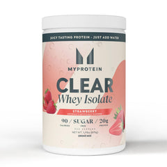 Myprotein bote frontal sabor fresa mostrando diseño y cantidad útil