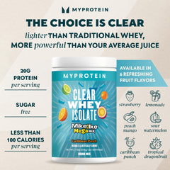 Bebida translúcida de Myprotein Clear Whey Isolate con sabor Caribeño Punch, refrescante y ligera.