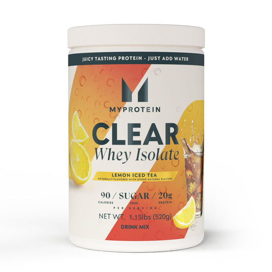 Proteína de suero aislada clara de Myprotein, empaque frontal visible para una bebida refrescante.