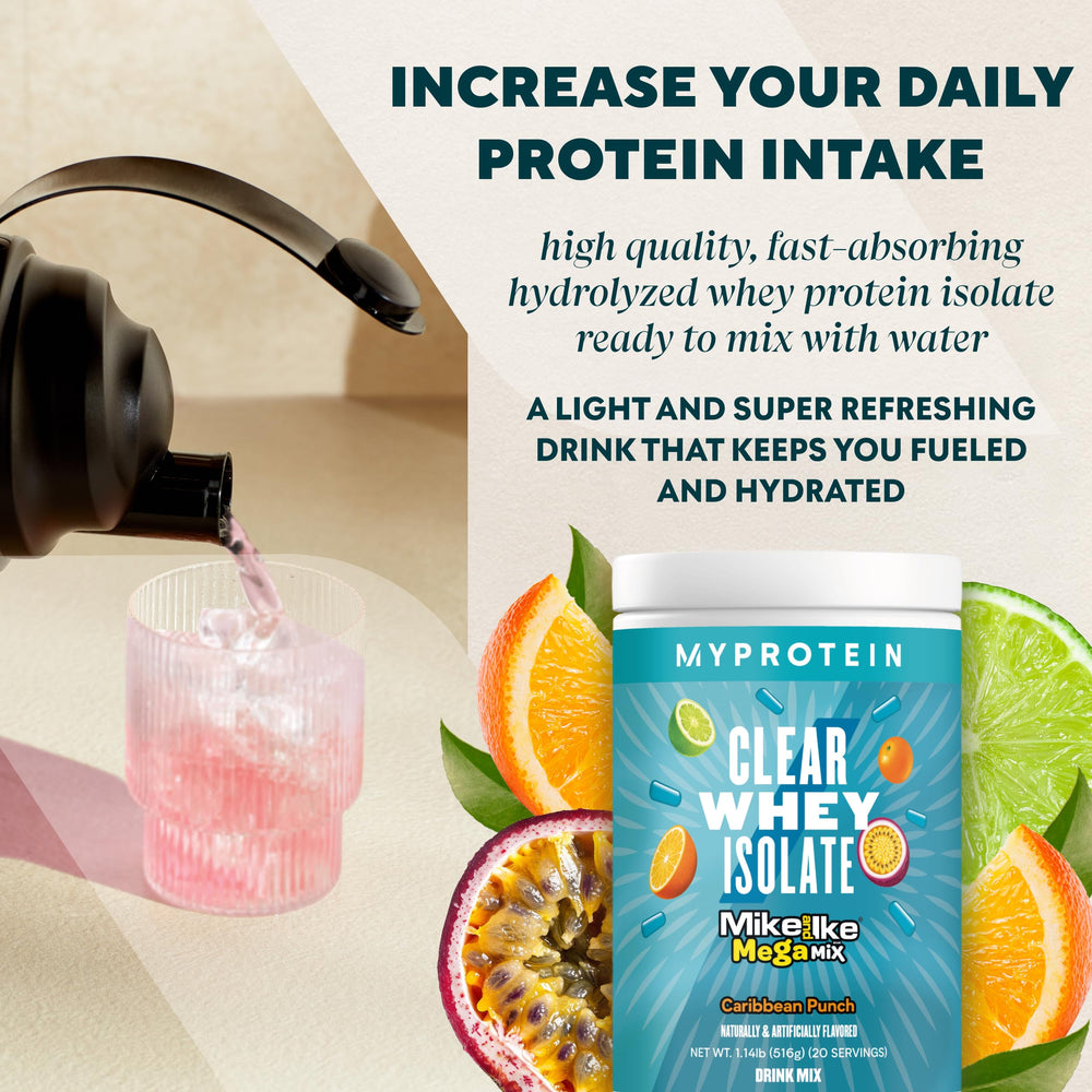 Etiqueta nutricional de Myprotein Clear Whey Isolate destacando 20 g de proteína por porción.
