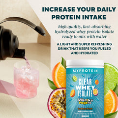 Etiqueta nutricional de Myprotein Clear Whey Isolate destacando 20 g de proteína por porción.