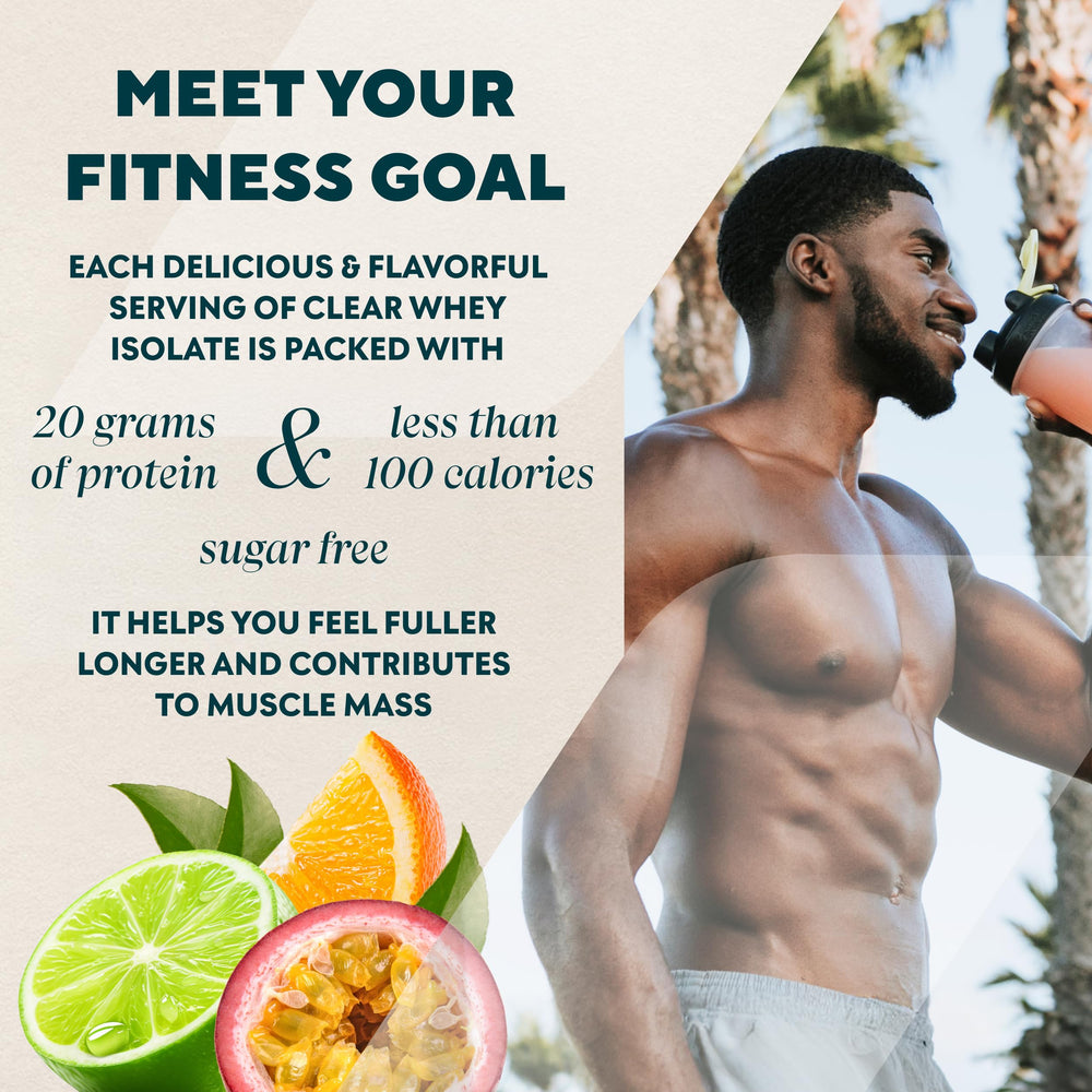 Shake en copa con Myprotein Clear Whey Isolate, sabor Caribeño Punch y textura clara.