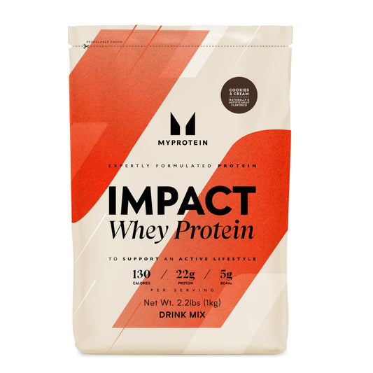 Myprotein Impact Whey frente, sabor galleta crema, ideal para recuperación muscular