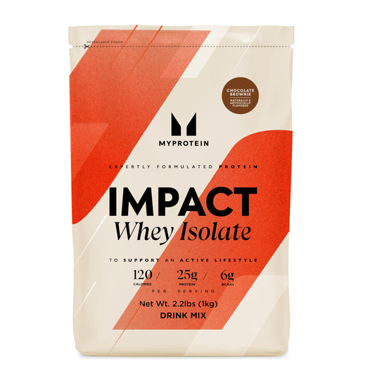 Myprotein Impact Whey Protein Isolate chocolate brownie tub shown for post-workout nutrition