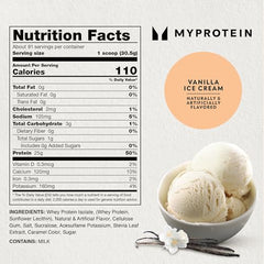 Myprotein Impact Whey Isolate Vanilla scoop, convenient protein boost after training.