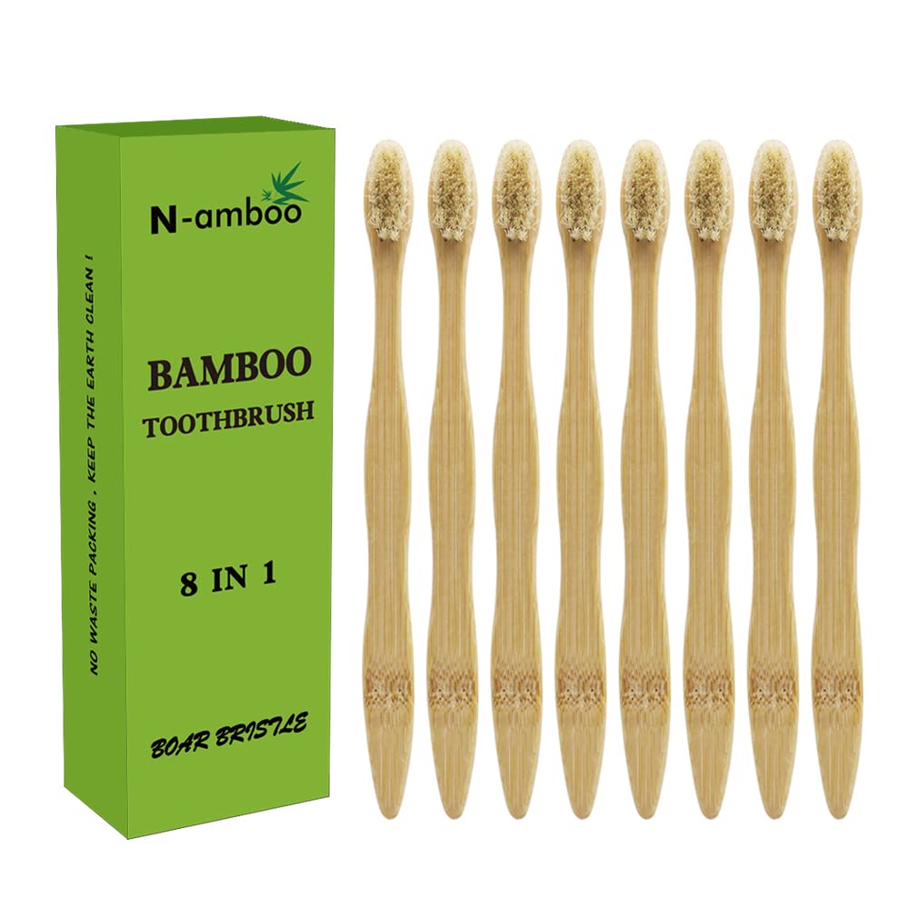 N-amboo cepillo frontal pack 8 mostrando mangos biodegradables y ordenados