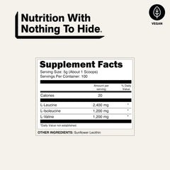 NAKED BCAAs etiqueta de ingredientes, pureza y proporción 2:1:1 visible