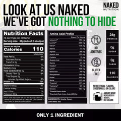 NAKED etiqueta nutricional destacando 26 g proteína y cero carbohidratos