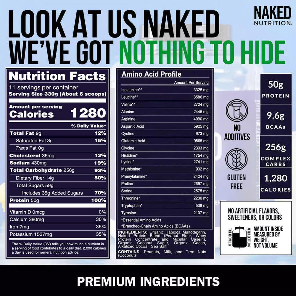 NAKED ingredientes orgánicos (tapioca, cacao) para carbohidratos limpios