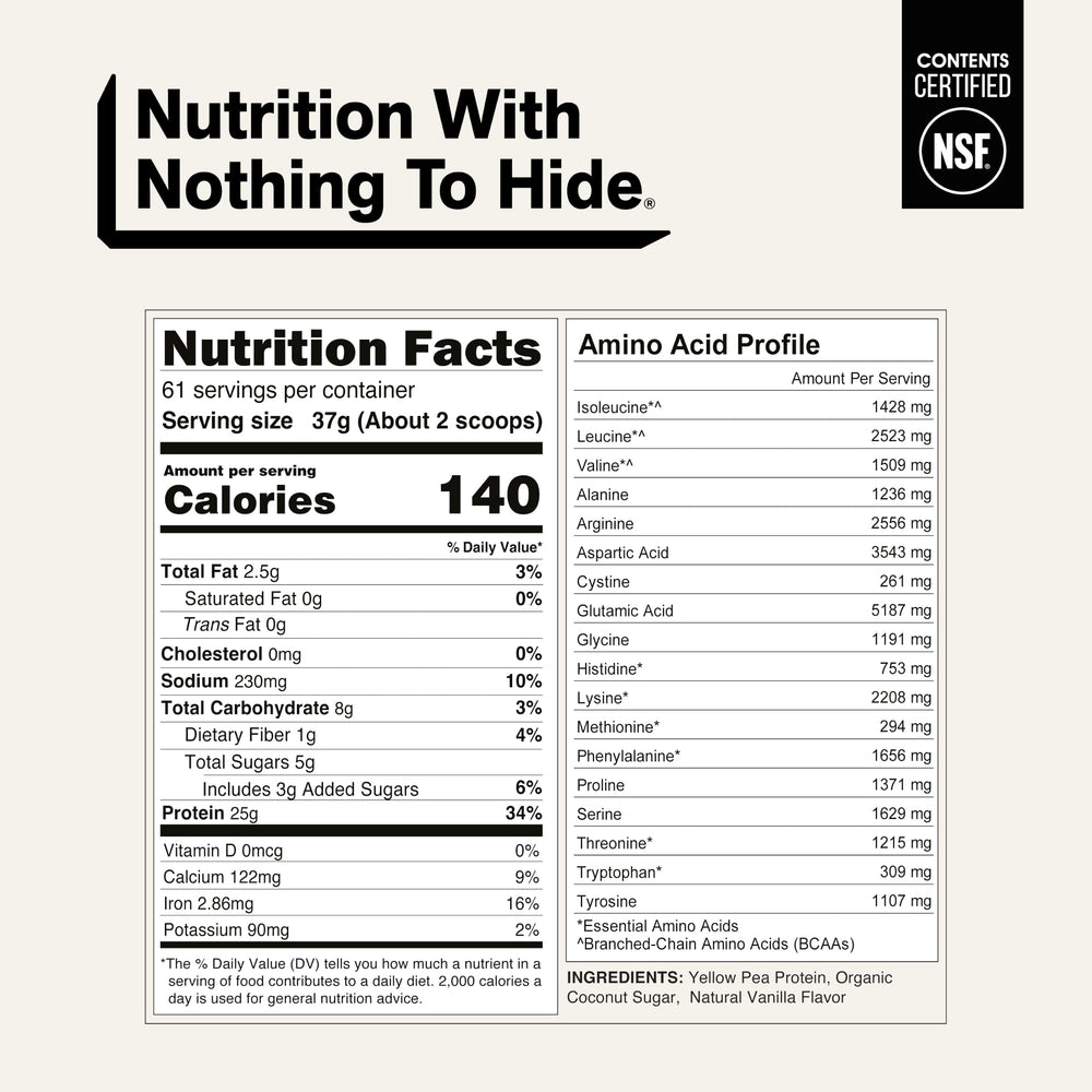 NAKED etiqueta nutricional de Naked Pea Vainilla con información de proteína y BCAA