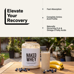 NAKED Whey envase 5 lb junto a objetos para comparar tamaño y ahorro
