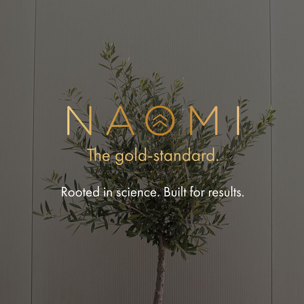 NAOMI empaque lateral con lista de características veganas y sin gluten