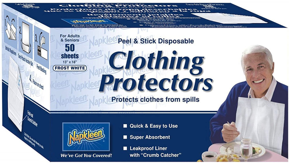 Napkleen empaque frontal pack de 50 baberos mostrando protección higiénica