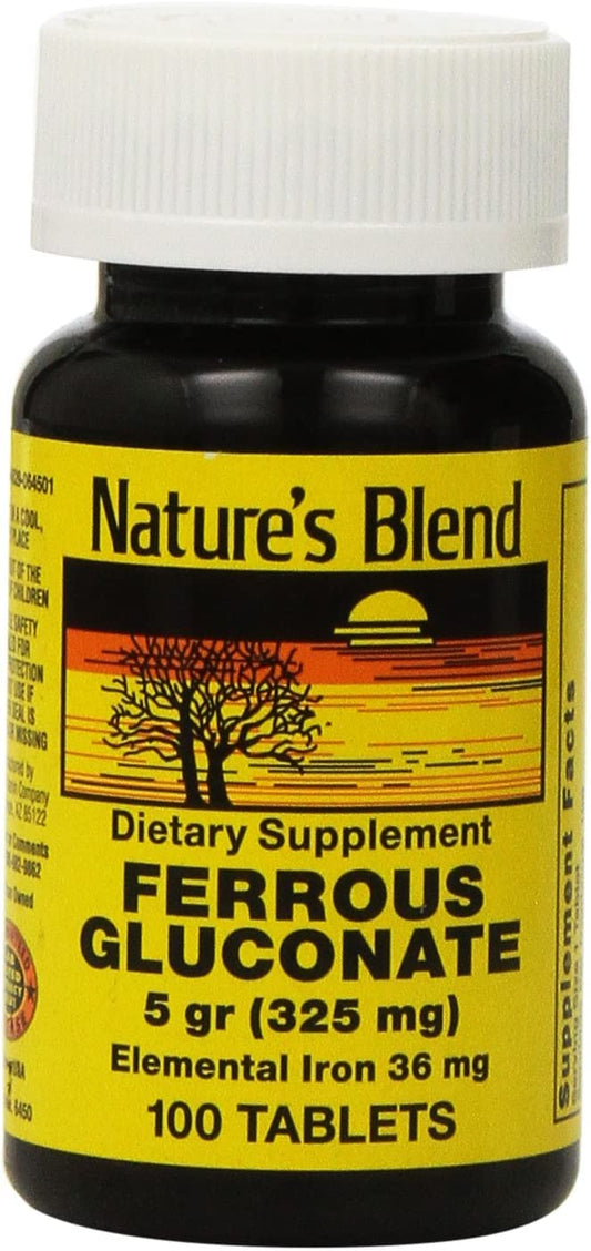 Nature's Blend ferrous gluconate tablets bottle on shelf for easy iron support
