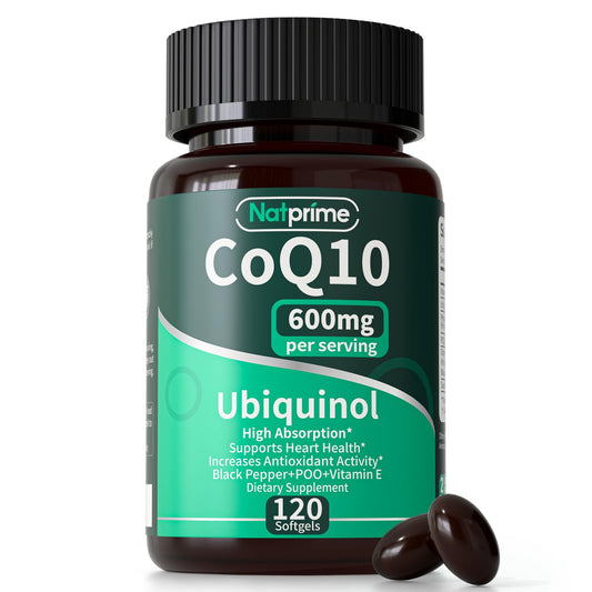 Natprime CoQ10 600 mg, botella frontal, apoyo diario de vitalidad
