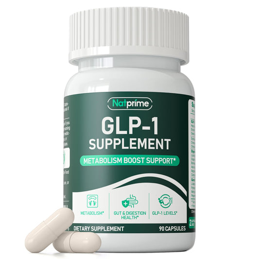 Natprime GLP-1 bottle packshot with sleek capsules for daily appetite support.