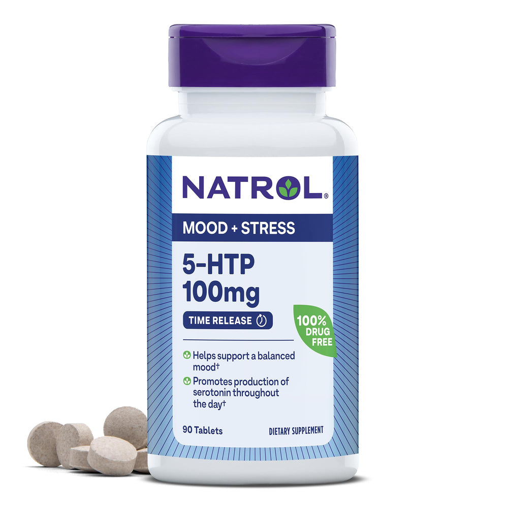 Natrol frasco delantero mostrando 90 tabletas y beneficios de soporte de ánimo