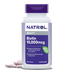 Natrol mostrando el envase frontal y dosis alta para cabello