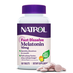 Natrol envase frontal de Melatonin 10 mg con sabor cítrico para sueño rápido