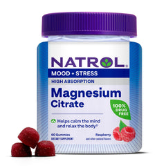 Natrol envase frontal de gomitas frambuesa que muestra presentación y fácil dosificación