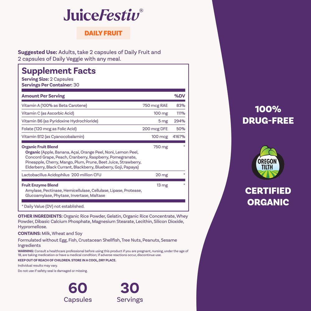 Natrol JuiceFestiv cápsula en mano para mostrar tamaño y facilidad de ingestión